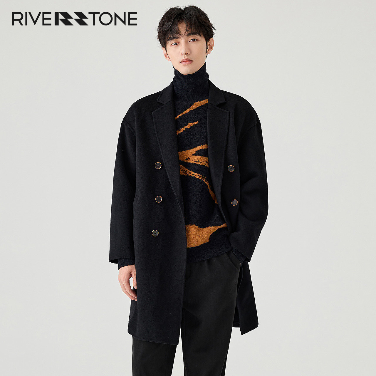 rs流石男装冬装中长款羊毛双面呢大衣2024新款冬季男士毛呢外套厚