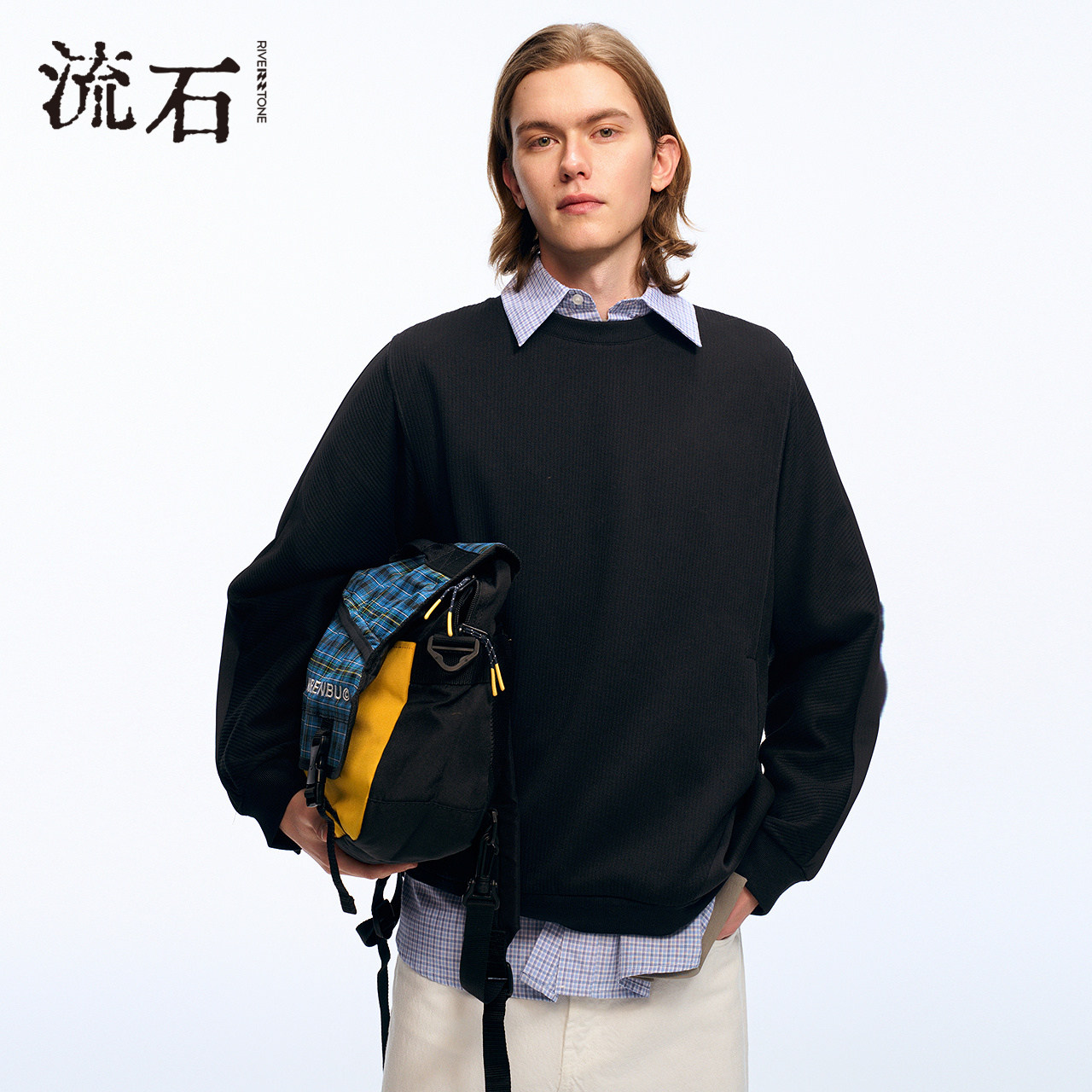 流石男装时尚高端纯色条纹卫衣2026年秋季新款男士设计感拼接上衣