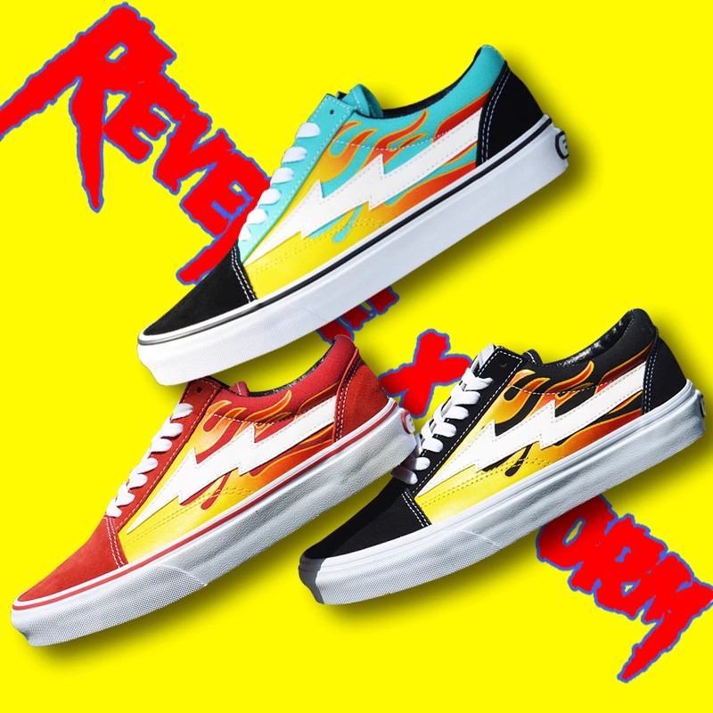 正品REVENGE X STORM闪电火焰帆布鞋复仇风暴滑板魔术贴明星同款