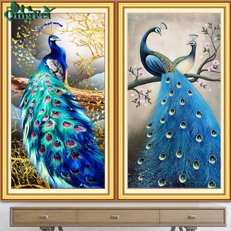 青飞精准印布蓝孔雀竖版十字绣客厅玄关画手工diy线绣越南柬埔寨