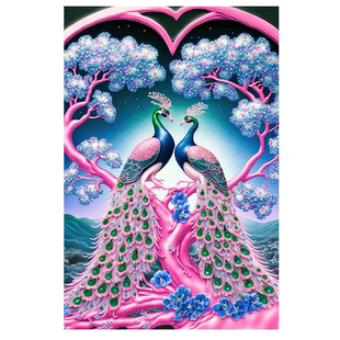 青飞精准印布水晶粉爱心情侣孔雀十字绣花开富贵图结婚玄关钻石画