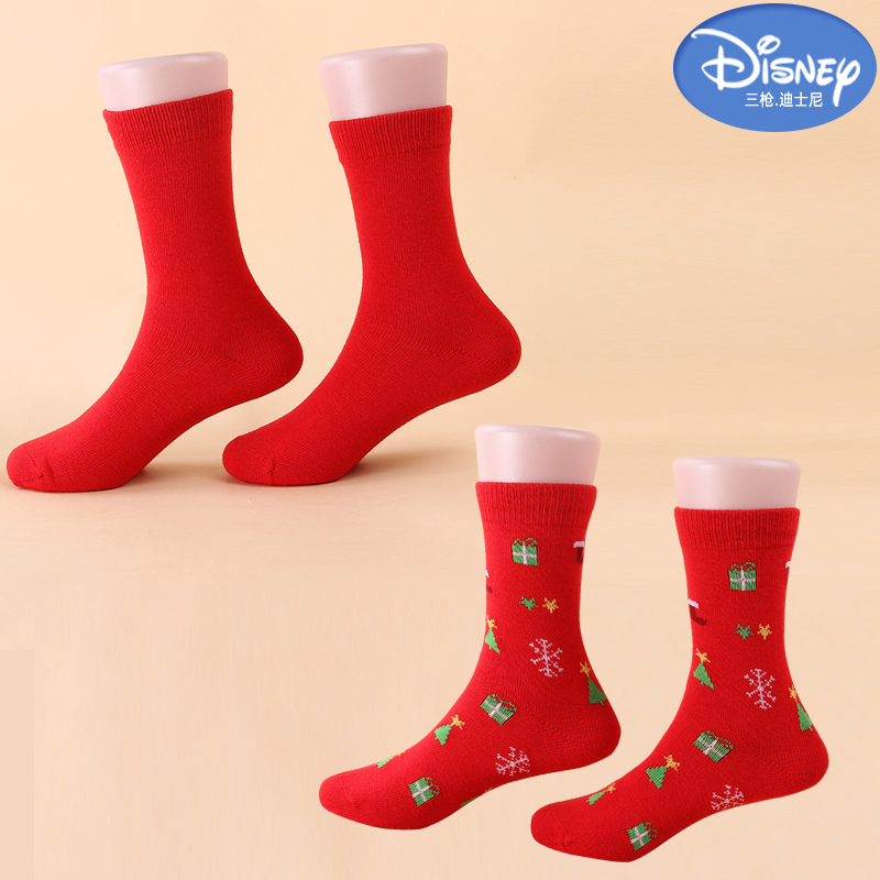 迪士尼专柜儿童少年男女孩新年蛇年本命年圣诞 吉庆红色 纯棉袜子