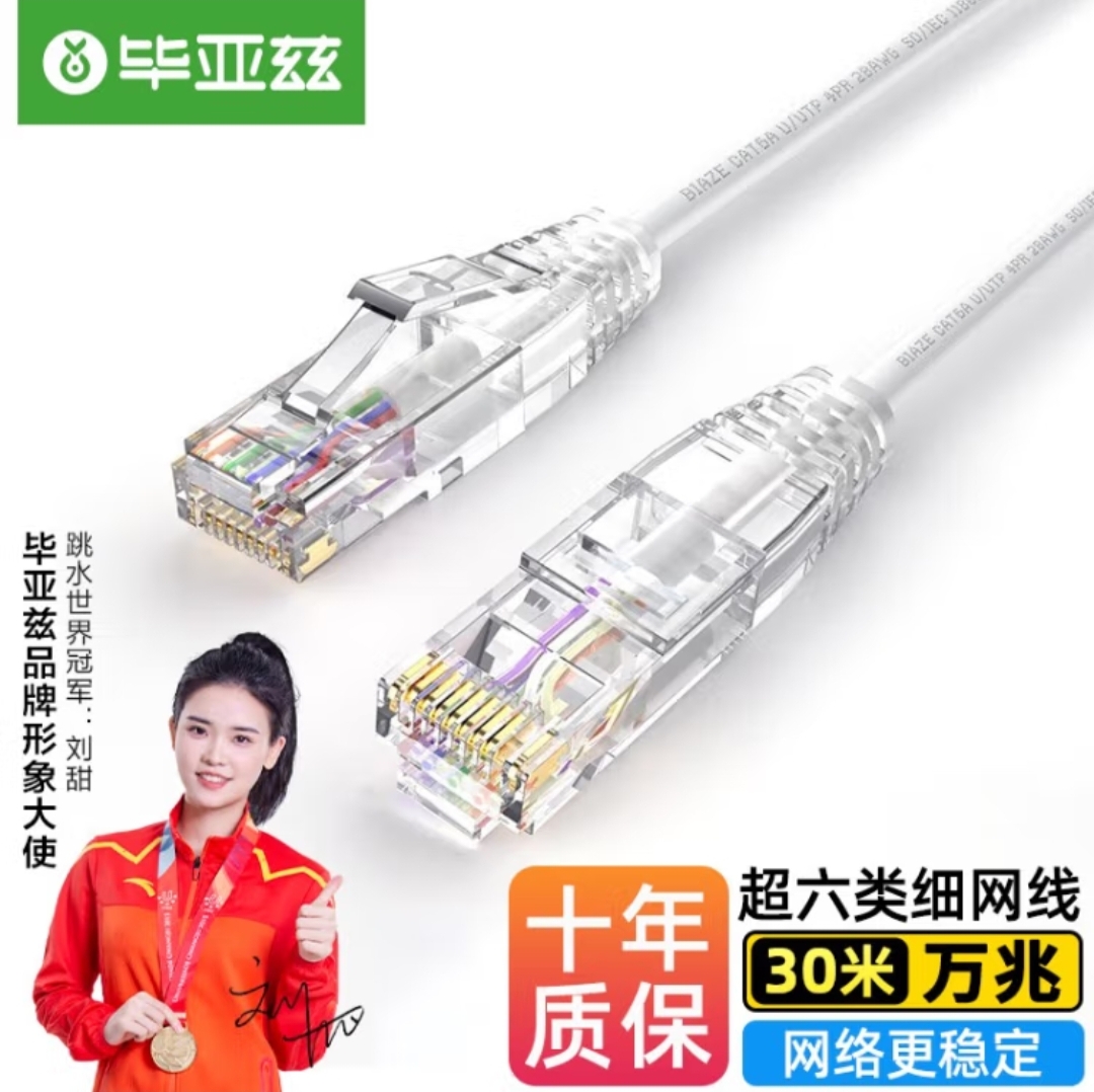 毕亚兹 超六类网线细线CAT6A类无氧铜万兆高速成品连接线网络跳线