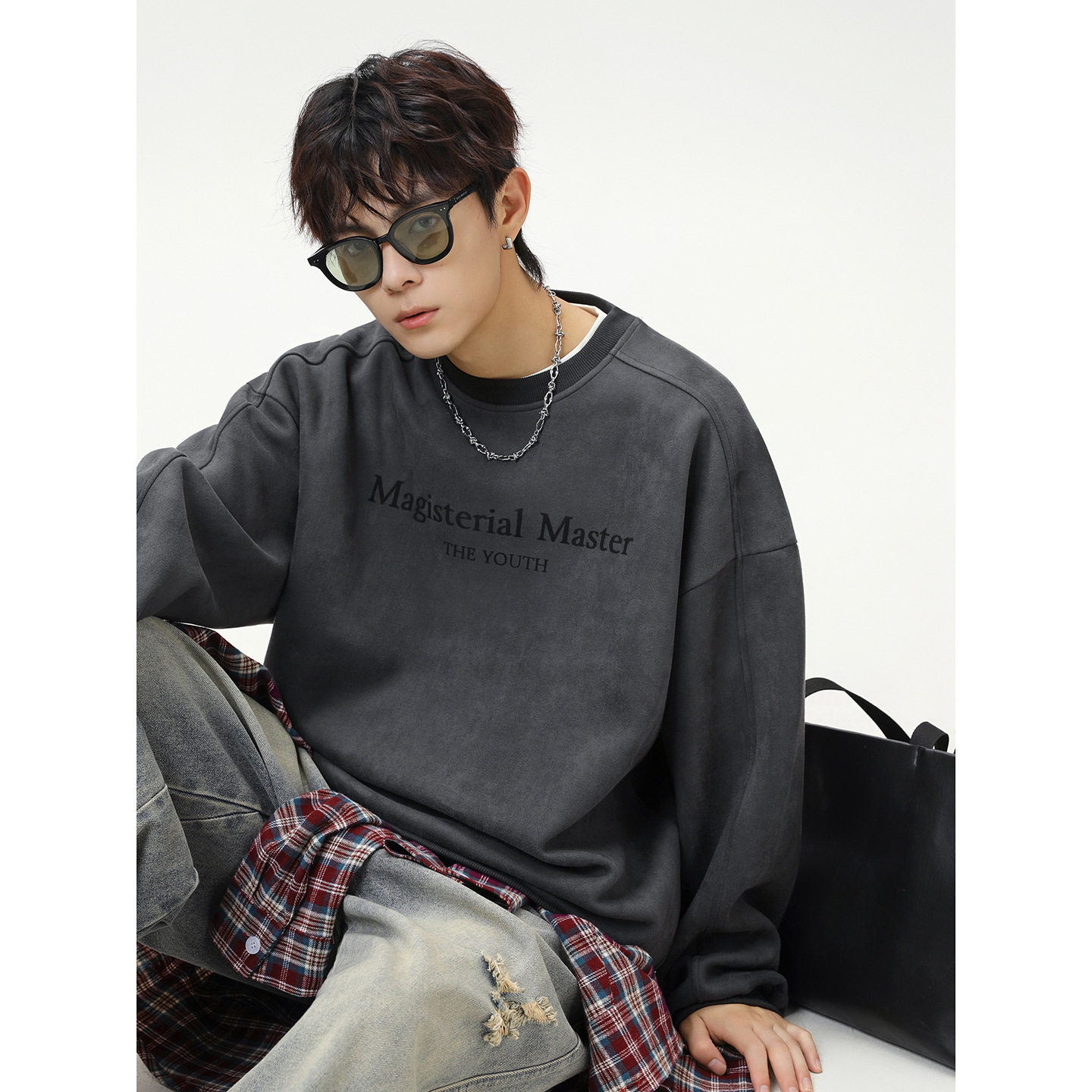 400g分割拼接复古圆领卫衣男秋季重磅质感套头衫美式字母印花外套