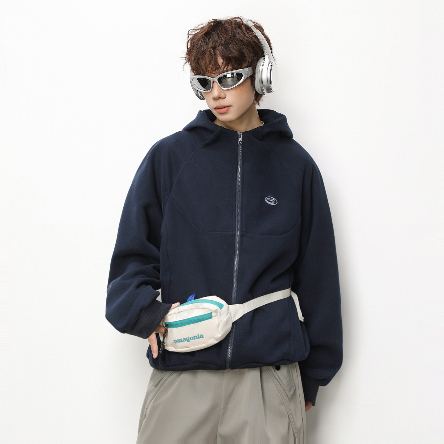 400G重磅开衫连帽卫衣男款结构分割短宽boxy帽衫撞色刺绣美式外套