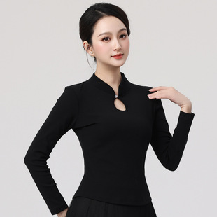 广场舞古典舞女士春秋长袖莫代尔上衣民族舞黑色旗袍领T恤打底衫