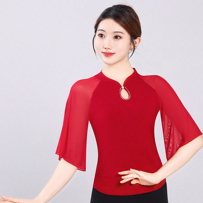 新款古典舞上衣练功服舞蹈服旗袍舞蹈演出服中国风中袖红色跳舞