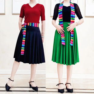 广场舞服装大摆裙半身裙白色红色黑色跳舞演出舞蹈裙紫色裙子中裙