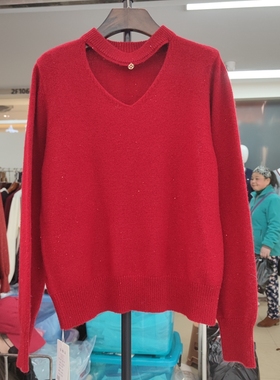 69373春季新款女圆领长袖针织衫毛衣打底衫纯色简约上衣镂空挂脖