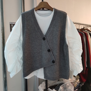 67293春季女长袖灯笼袖打底T恤V领针织衫马甲背心两件套宽松上衣