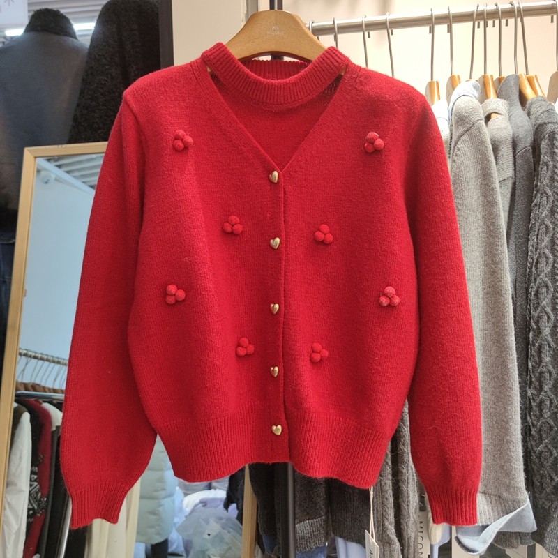 28066女圆领长袖针织衫毛衣开衫外套球球吊带挂脖早春新年红