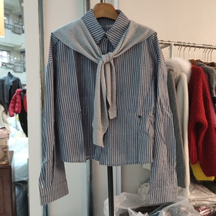 披肩两件套条纹高级感长袖 衬衫 衬衣 女翻领长袖 锦娇衣2606春季