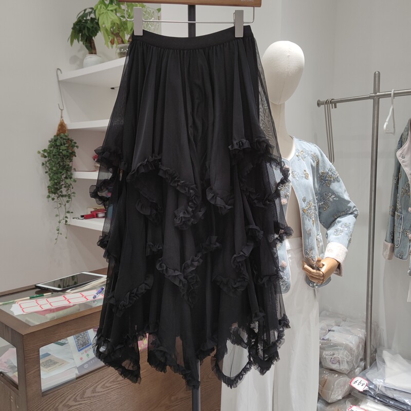 883春夏女松紧腰半身裙纯色简约休闲中长款A字裙不规则木耳边