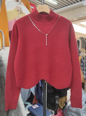 99301秋冬新款半高领毛衣女挂链打底衫长袖针织衫内搭上衣波浪边