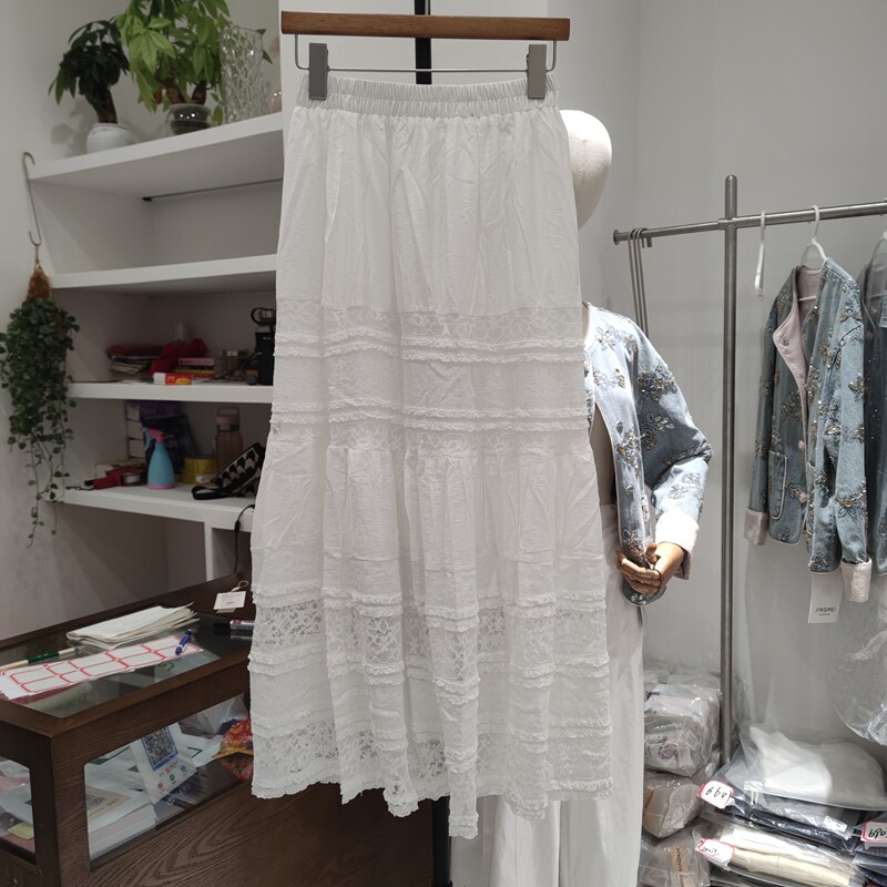 2523春夏女松紧腰半身裙纯色简约休闲中长款A字裙口袋蕾丝拼接