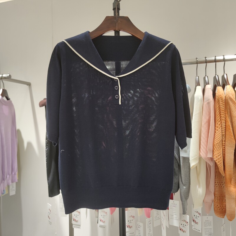 070033短袖海军领撞色简约薄款天丝棉针织衫专柜品质高级感夏季女