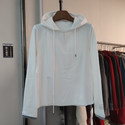 8227春季女连帽长袖拉链套头卫衣T恤假两件纯色简约短款上衣