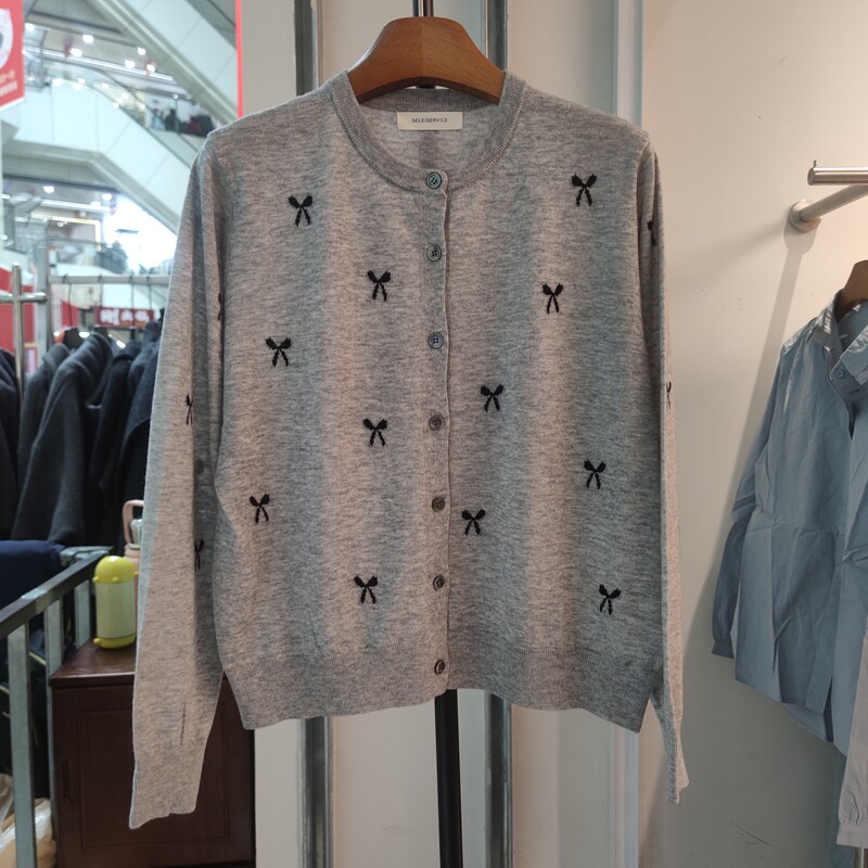 7082春款针织衫蝴蝶结宽松开衫女长袖气质慵懒风显瘦上衣天丝毛衣