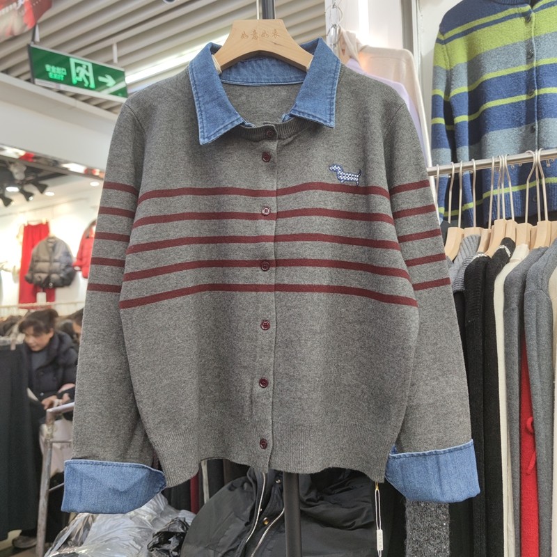 5588春季新款女翻领长袖针织衫毛衣开衫外套条纹拼接牛仔假两件