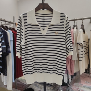 针织衫 翻领短袖 女宽松显瘦上衣女休闲条纹天丝棉 女装 6081夏新款