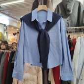 98116春季 衬衣收腰上衣披肩两件套 条纹长袖 女翻领长袖 衬衫