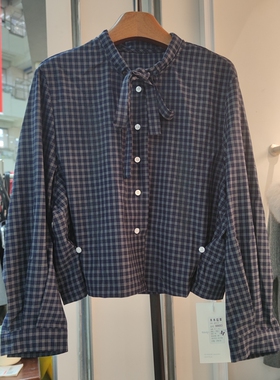 88563春季女翻领长袖格子衬衫纯色简约上衣衬衣气质宽松纽扣收腰