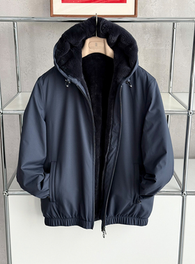 ALIN 男装【鼎级LP】意大利防水面料进口獭兔绒连帽男士夹克外套