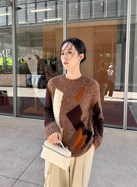 ALIN日本新工艺蓬松暖绒 定染美拉德棕咖色桑蚕丝山羊绒圆领毛衣