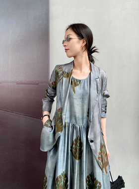 ALIN宝藏艺术家 植物脏染佛手石榴树100%桑蚕丝斜纹绸休闲西装