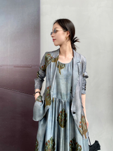 ALIN宝藏艺术家 植物脏染佛手石榴树100%桑蚕丝斜纹绸休闲西装