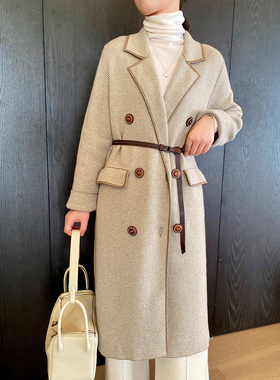 ALIN【珍稀阿拉善山羊绒系列 加厚羊皮包边人字纹针织山羊绒大衣