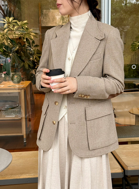 ALIN英国产joshua e羊毛 老钱RL紫标系米驼人字纹猎户西装呢外套