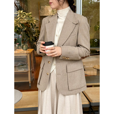 ALIN英国产joshua e羊毛 老钱RL紫标系米驼人字纹猎户西装呢外套