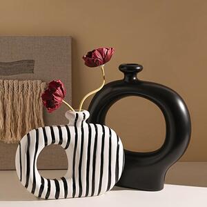 贝汉美侘寂风黑白条纹花瓶摆件客厅电视柜桌面简约陶瓷花器装饰品