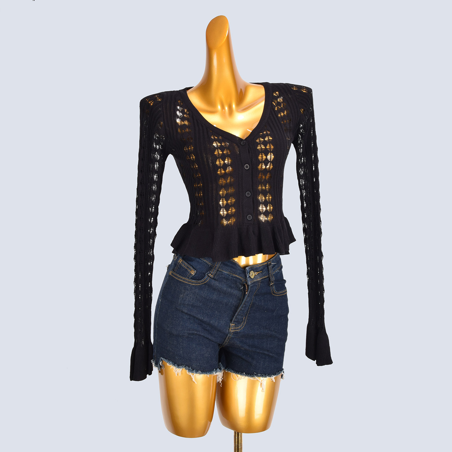 外贸单V领针织开衫女春秋新款气质修身显瘦百搭镂空长袖打底上衣