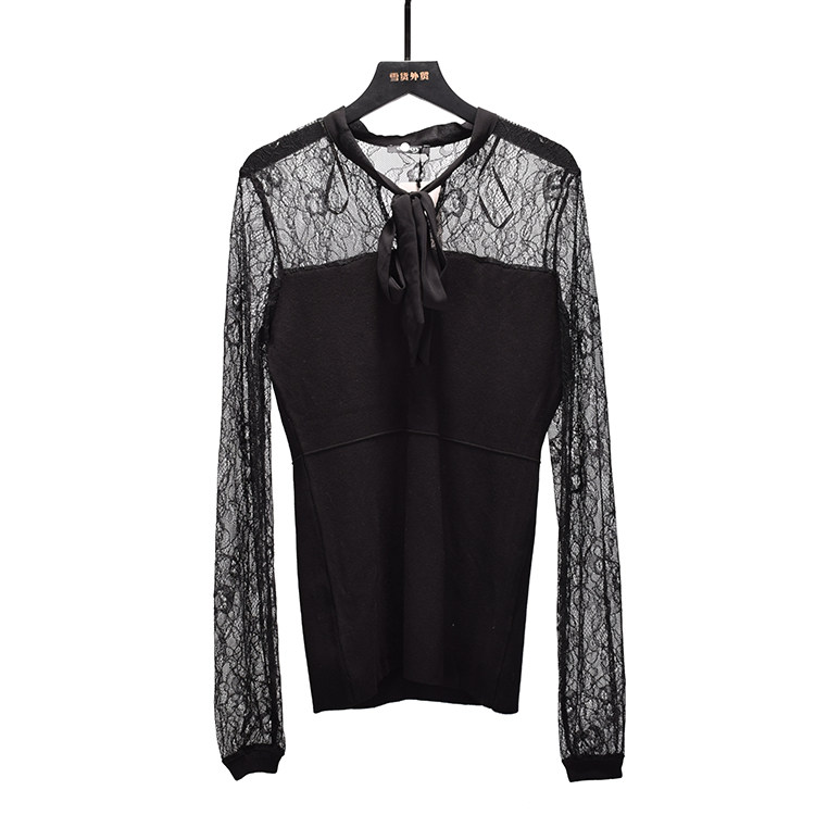 针织衫秋季新款女蕾丝拼接紧身套头上衣韩版修身显瘦黑色薄款毛衣