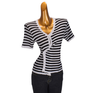 欧洲站黑白条纹冰丝针织开衫女装 夏季新款设计感薄款修身短袖t恤