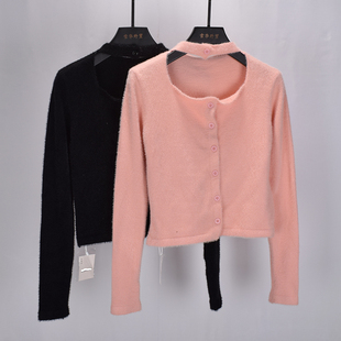 洋气仿貂绒针织开衫秋冬新款内搭设计感挂脖毛衣上衣修身打底衫女