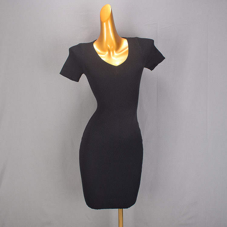 简约V领纯色针织短袖连衣裙女 2025年夏季新款修身显瘦黑色包臀裙