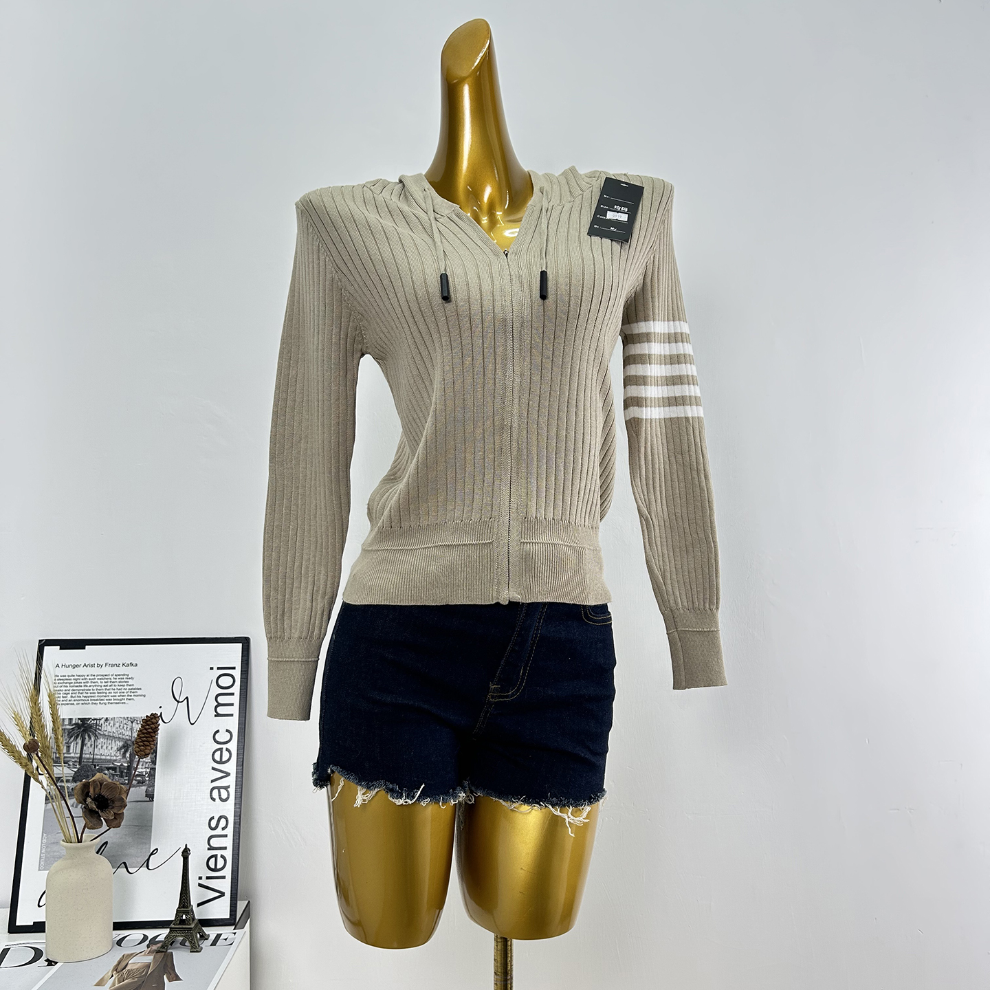 拉链连帽针织开衫女修身显瘦毛衣