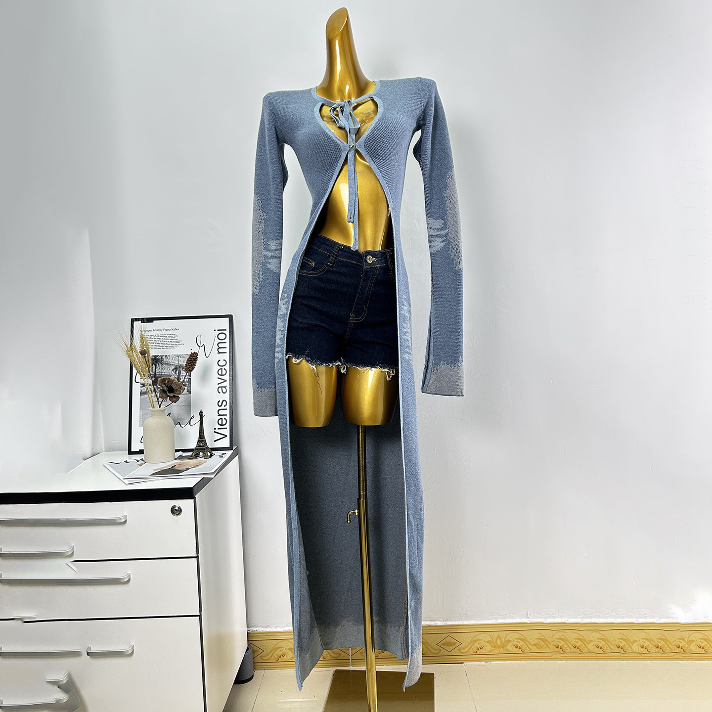 外贸单欧美性感镂空长袖针织连衣裙女秋季新款绑带开叉长裙海边风