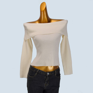 外贸原单辣妹性感一字领长袖针织衫女秋季新款身显瘦内搭短款上衣