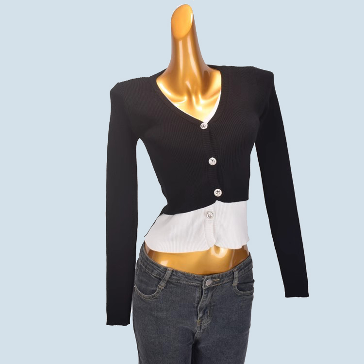 针织单排扣v领显瘦内搭短款上衣