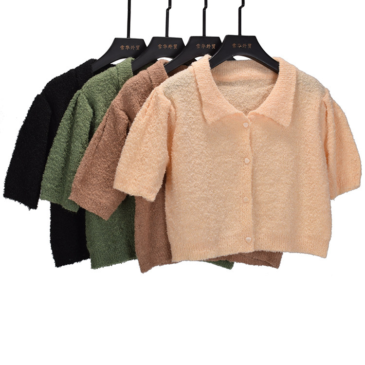 秋季新款韩版Polo领针织短袖开衫女宽松短款慵懒风时尚百搭上衣潮