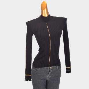法式半高领内搭针织打底衫女装秋冬新款修短款身竖纹长袖黑色上衣
