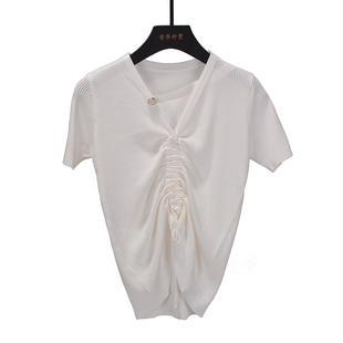 v领冰丝针织衫短袖t恤女2025年夏季新款修身显瘦抽绳短款白色上衣