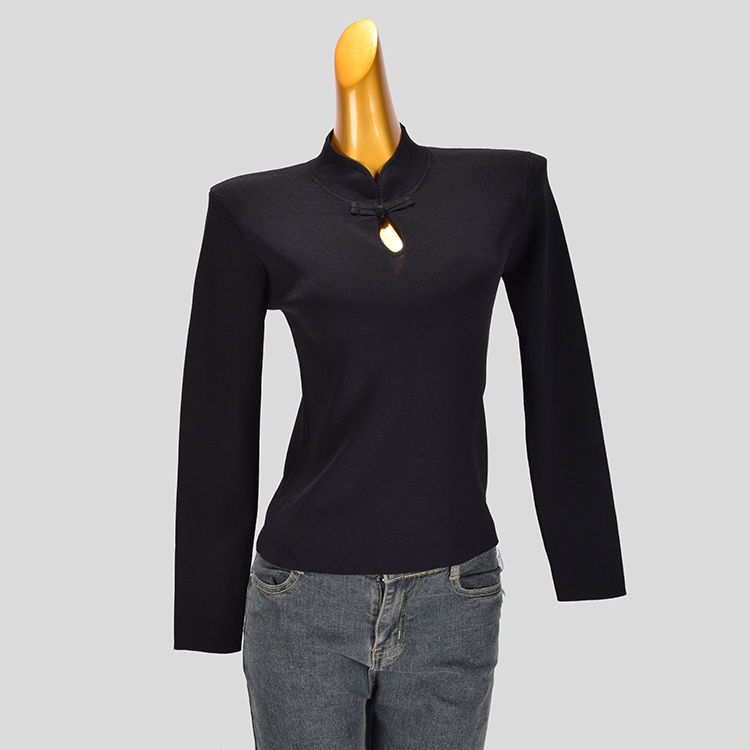 针织套头半高领长袖纯色短款上衣