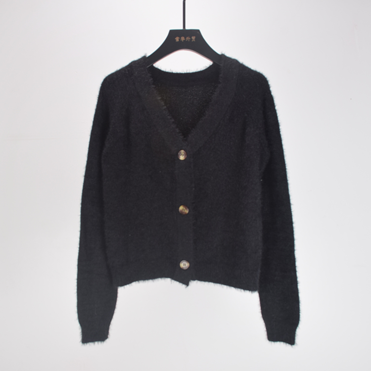 仿貂绒双排扣长领长袖单排扣上衣