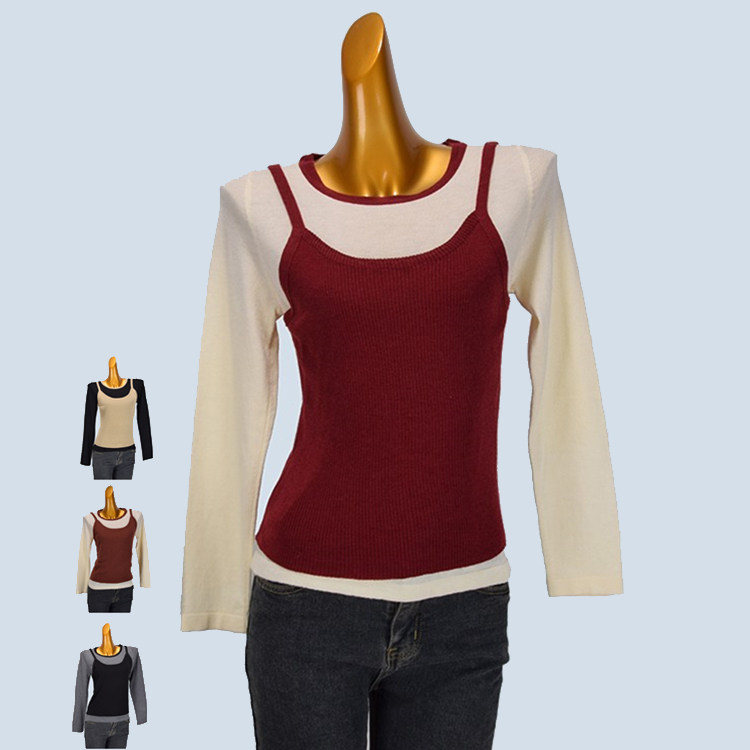 撞色长袖六羊毛针织衫上衣小吊带背心女装春秋新款韩版叠穿两件套