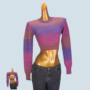 2025秋冬新款彩虹色条纹圆领针织衫女设计感小众长袖修身短款毛衣